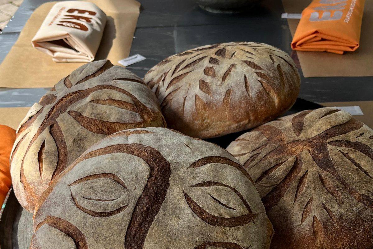 A long board of hand-scored sourdough loaves on an Armenian carpet