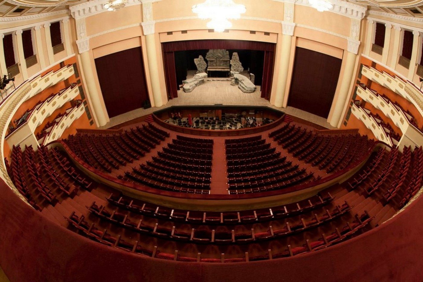 The grand horseshoe auditorium of the Armenian National Opera and Ballet Theatre, seen from a box